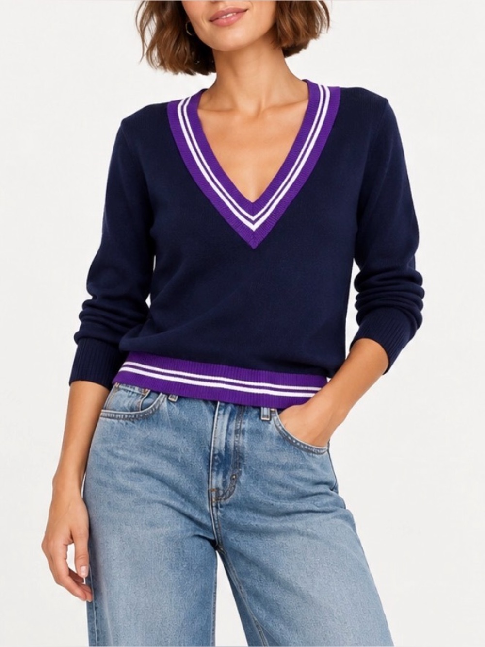 La Perla Navy Purple White Varsity Stripe Deep V Neck Sweater Size L Italy